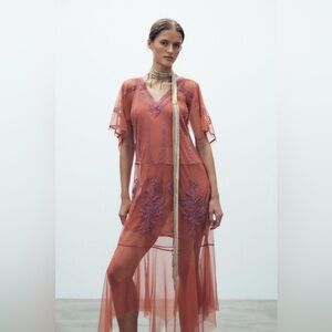 Zara Terracotta Lace-Embellished Sheer Maxi Dress